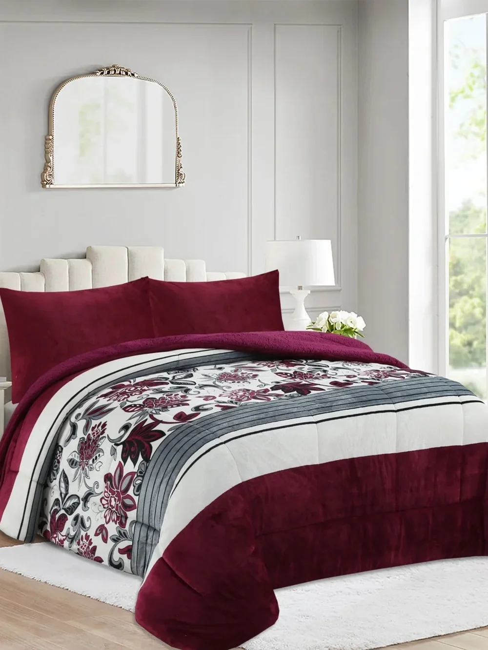 3 PIECE PLUSH SHERPA COMFORTER SET – SOFT FLORAL VELVET